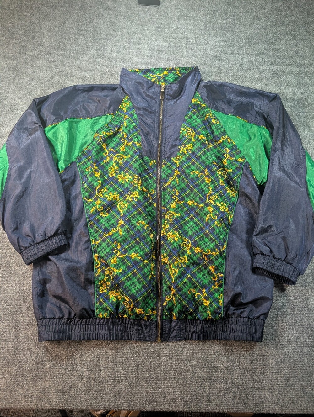 Basic Editions Vintage Womens XL Windbreaker Jacket Green Navy Baroque Tartan